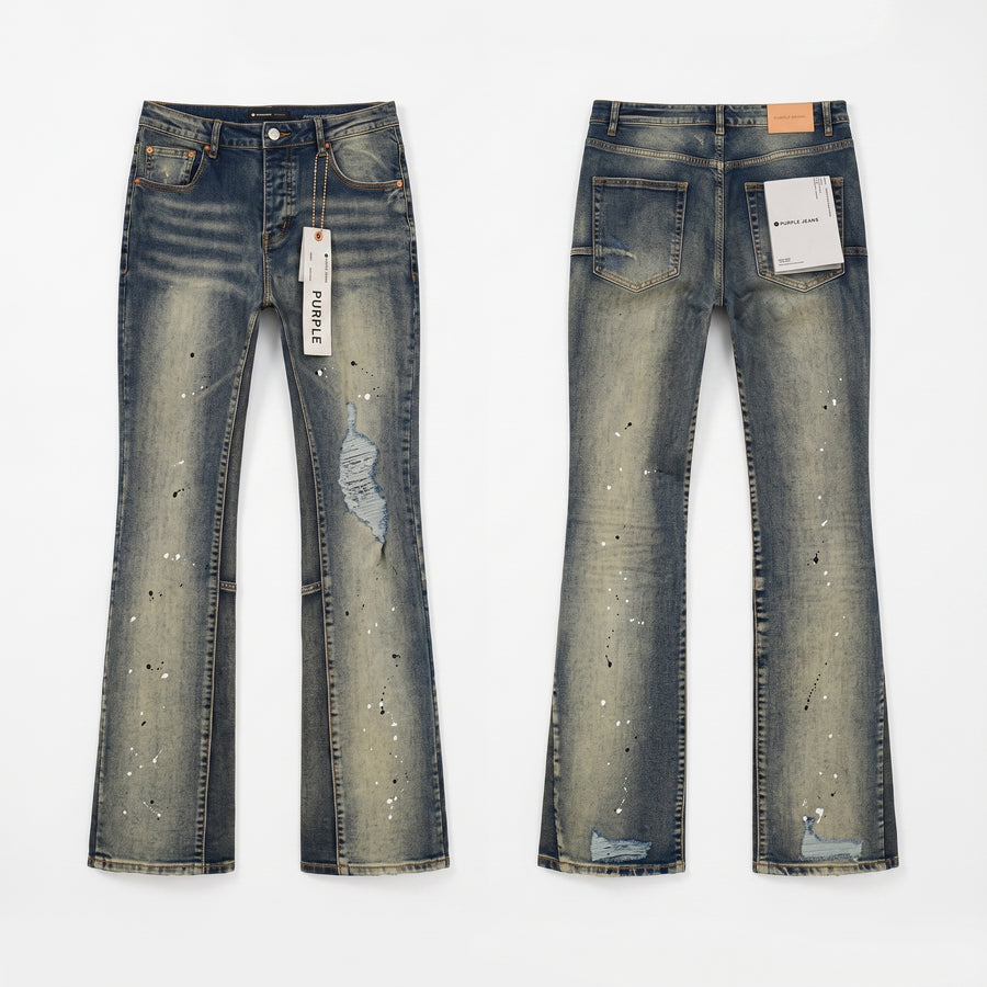 Purple Distressed Paint-Splatter Flare Jeans