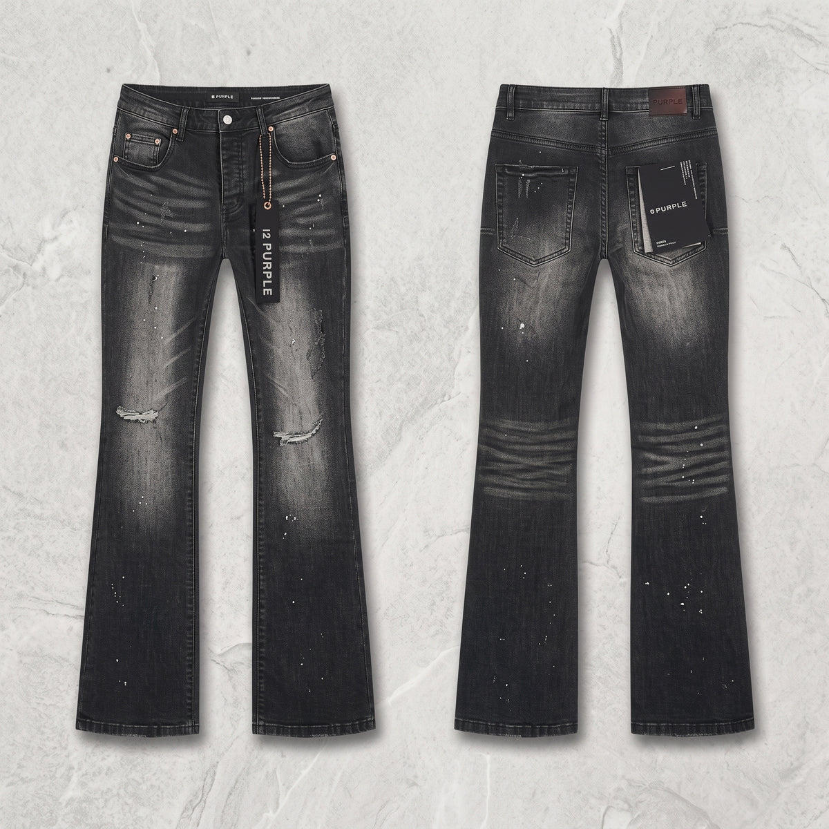 Purple Distressed Paint-Splatter Flare Jeans