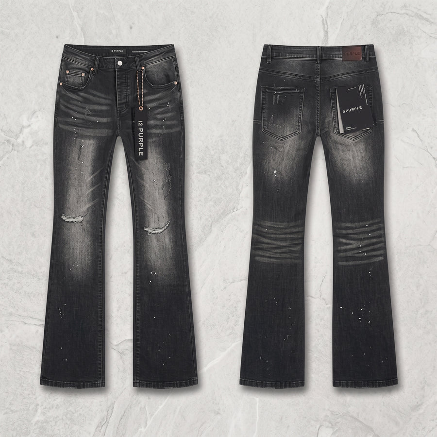 Purple Distressed Paint-Splatter Flare Jeans