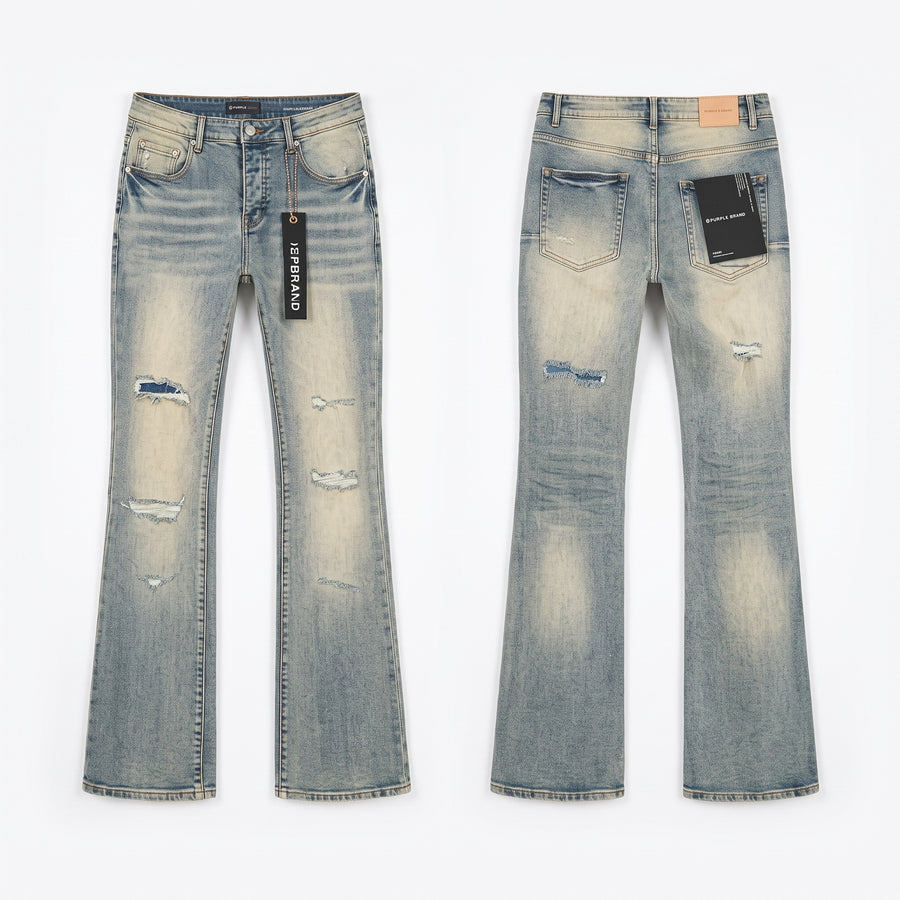 Purple Distressed Paint-Splatter Flare Jeans